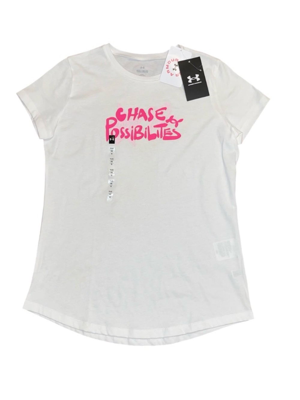 Under Armour White Pink Short Sleeve Top Girls NWT Large Logo Chase Possibilies